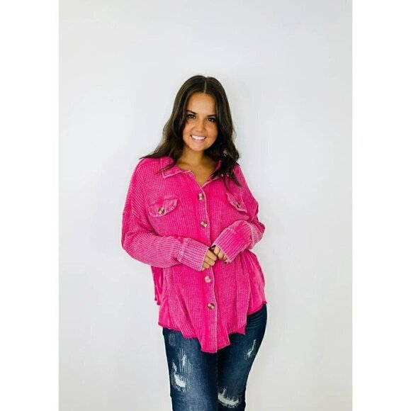 Zenana Outfitters Tops - Meet You There Cotton Waffle Acid Wash Oversized Shacket in Hot Pink